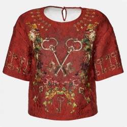 Pre Owned بلوزة دولتشي أند غابانا جاكار طباعة موردة ومفتاح بني مقاس صغير ( سمول )