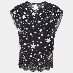 Pre Owned Dolce & Gabbana Black and White Star Printed Silk Lace Trim Blouse S