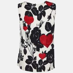 مملوكة مسبقًا Dolce & Gabbana White Rose Print Heart Embroidered Top M
