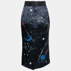Pre Owned Dolce & Gabbana Midnight Blue Galaxy Printed Silk Knee Length Skirt M