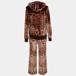 Pre Owned Dolce & Gabbana Brown Leopard Print Velvet Pants & Hoodie Set M