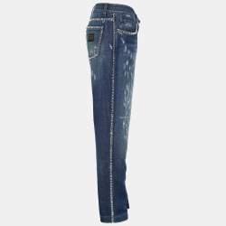 Pre Owned Dolce & Gabbana Indigo Faded Effect Denim Embellished Distressed Jeans Waist 32" 