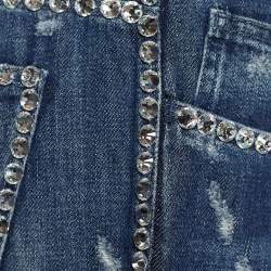 Pre Owned Dolce & Gabbana Indigo Faded Effect Denim Embellished Distressed Jeans Waist 32" 