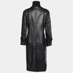 Pre Owned Dolce & Gabbana Vintage Black Leather RIbbed Collar Long Coat M