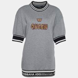 Pre Owned Dolce & Gabbana Grey Rib Knit Queen Embellished Sweatshirt M