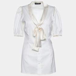 Pre Owned Dolce & Gabbana Off-White Poplin Bow Tie Blouse M
