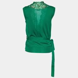Pre Owned Dolce & Gabbana Green Knit & Lace Trimmed Sleeveless Wrap Cardigan M