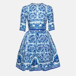 Dolce & Gabbana Blue Majolica Print Silk Organza Flared Dress XS