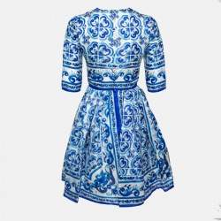 Dolce & Gabbana Blue Majolica Print Silk Organza Flared Dress XS