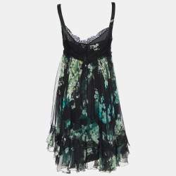 Pre Owned Dolce & Gabbana Black/Green Floral Print Silk Blend Sleeveless Dress S