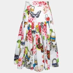 Pre Owned Dolce & Gabbana White Padlock & Floral Printed Cotton High Waisted Skirt S
