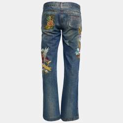 Pre Owned Dolce & Gabbana Blue Denim Embroidered Straight Fit Jeans M/Waist - 33.5"