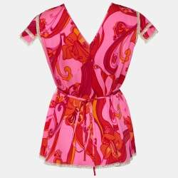 Pre Owned Dolce & Gabbana Pink Printed Silk Lace Trim Top M