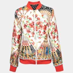 Pre Owned Dolce & Gabbana Cream Printed Silk Zip Front Jacket M