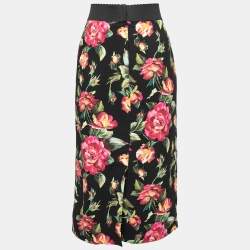 Pre Owned Dolce & Gabbana Black Rose Printed Crepe Midi Skirt L