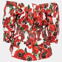 Pre Owned Dolce & Gabbana Red Anemone Print Poplin Off-Shoulder Blouse L