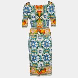 Pre Owned Dolce & Gabbana Multicolor Majolica Print Silk Midi Dress M