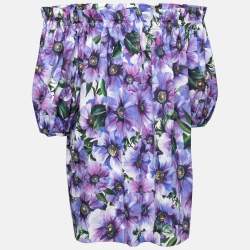 Pre Owned Dolce & Gabbana Purple Floral Print Cotton Off-Shoulder Blouse M