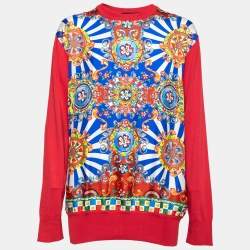 Pre Owned Dolce & Gabbana Red Carretto Siciliano Print Silk Knit Sweater L