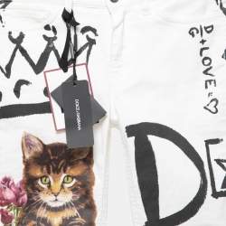 Pre Owned Dolce & Gabbana White Graffiti Print Denim Girly Fit Jeans S Waist 29"