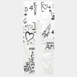 Pre Owned Dolce & Gabbana White Graffiti Print Denim Girly Fit Jeans S Waist 29"