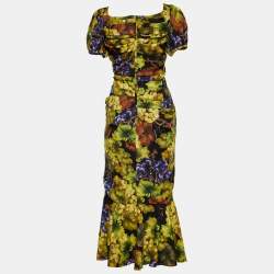 Pre Owned Dolce & Gabbana Multicolor Floral Print Silk Ruched Midi Dress L
