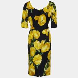 Pre Owned Dolce & Gabbana Yellow Tulip Print Stretch Silk Sheath Dress L