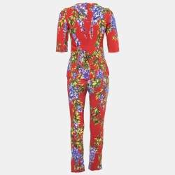 Pre Owned Dolce & Gabbana Red Floral Printed Crepe Top & Slim Fit Pant Set S