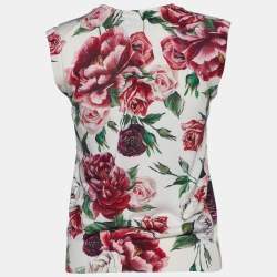 Pre Owned Dolce & Gabbana White Floral Print Silk Knit Lace Trim Top M