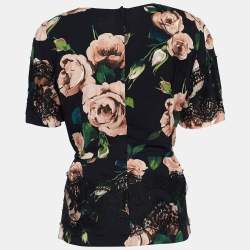 Pre Owned Dolce & Gabbana Black Floral Printed Crepe & Lace Top L