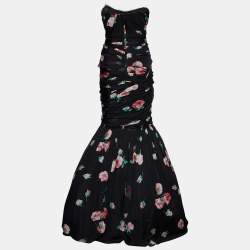 Pre Owned Dolce & Gabbana Black Rose Printed Silk Ruched Strapless Gown S