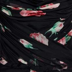 Pre Owned Dolce & Gabbana Black Rose Printed Silk Ruched Strapless Gown S