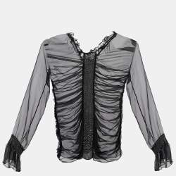 Pre Owned Dolce & Gabbana Black Silk Ruched Sheer Blouse M