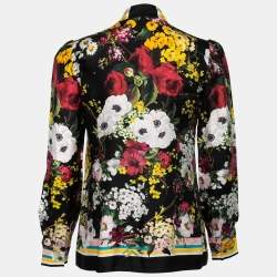 Pre Owned Dolce & Gabbana Black Floral Bouquet Print Silk Tie-Neck Blouse M