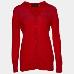 Pre Owned Dolce & Gabbana Red Cashmere & Silk Lace Trim Cardigan M