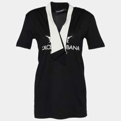 Pre Owned Dolce & Gabbana Black Logo Printed Cotton Neck Tie Detail Oversized T-Shirt XS