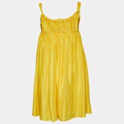 Pre Owned Dolce & Gabbana Yellow Silk Satin Ruched Sleeveless Mini Dress S