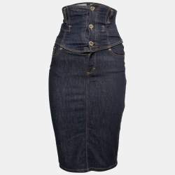Pre Owned D&G Navy Blue Denim High Waist Detail Midi Skirt S
