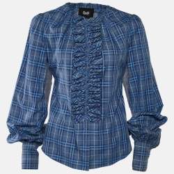 D&G Blue Checkered Cotton Ruffle Neck Shirt M