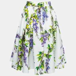 Pre Owned Dolce & Gabbana White Floral Printed Cotton Flared Skirt M