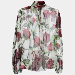 Pre Owned Dolce & Gabbana White Rose Print Silk Neck-Tie Blouse L