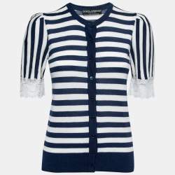 Pre Owned Dolce & Gabbana Navy Blue & White Striped Cashmere Button Front Cardigan M