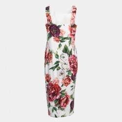 Pre Owned Dolce & Gabbana White Floral Printed Crepe Midi Dress L