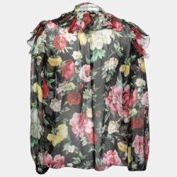 Pre Owned Dolce & Gabbana Black Floral Printed Silk Ruffled Tie-Neck Blouse M