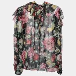 Pre Owned Dolce & Gabbana Black Floral Printed Silk Ruffled Tie-Neck Blouse M