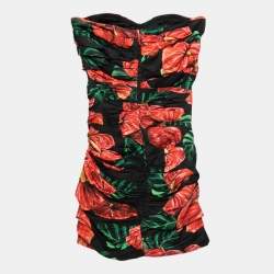Pre Owned Dolce & Gabbana Black Floral Printed Cotton Rucheh Strapless Dress XS