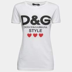 Pre Owned Dolce & Gabbana White Cotton Logo & Heart Print T-Shirt S