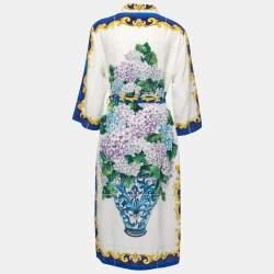 مملوكة مسبقًا Dolce & Gabbana White Bouquet Printed Silk Button Down Belted Dress M