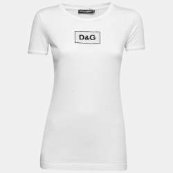 Pre Owned Dolce & Gabbana White Cotton Sequined Logo Patch T-Shirt XS