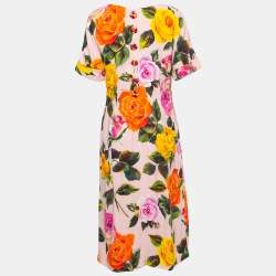 Pre Owned Dolce & Gabbana Pink Rose Printed Crepe Midi Dress L